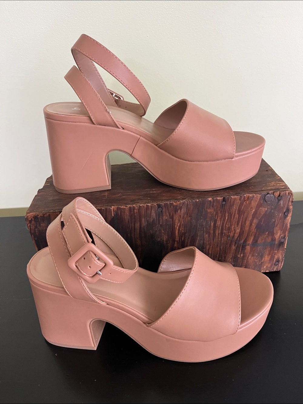 Soda Mylo nude-colored platform sandals featuring a chunky block heel